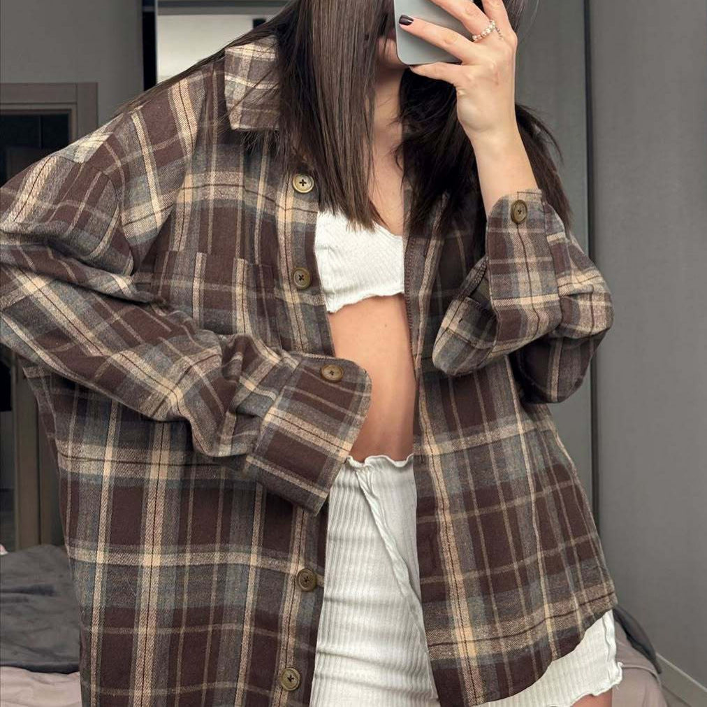 Lazy Design Niche Loose Plaid Long Sleeve Blouse