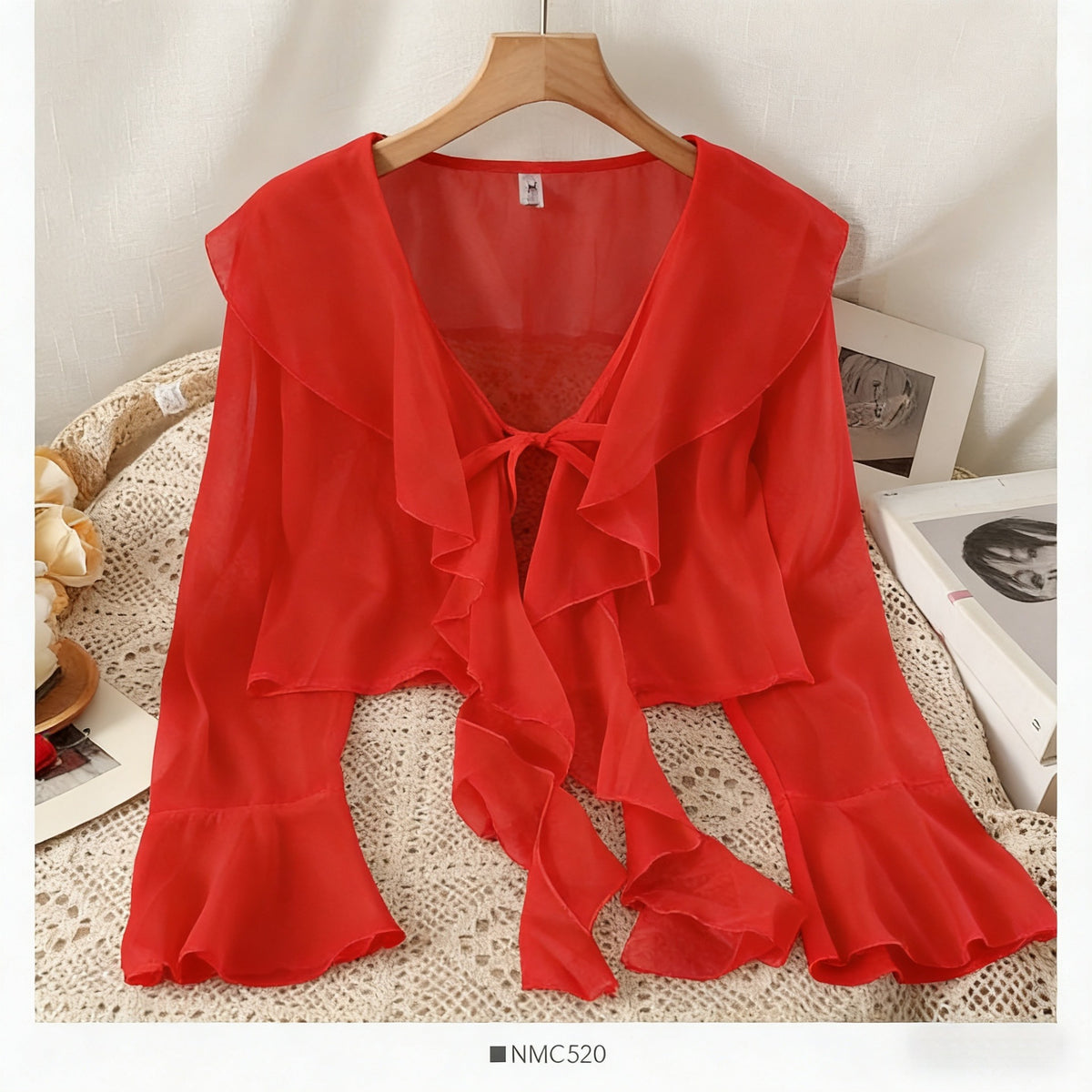 Women's Wear Braces Long Sleeve Outer Air Lace Shirt, Chiffon Shirt