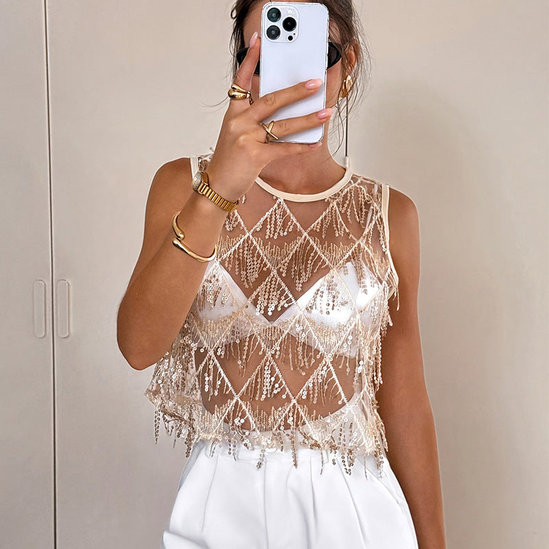 Women's Sexy Tassel Sequined Round Neck Party Holiday Summer Small Vest/suspenders/tube Top
