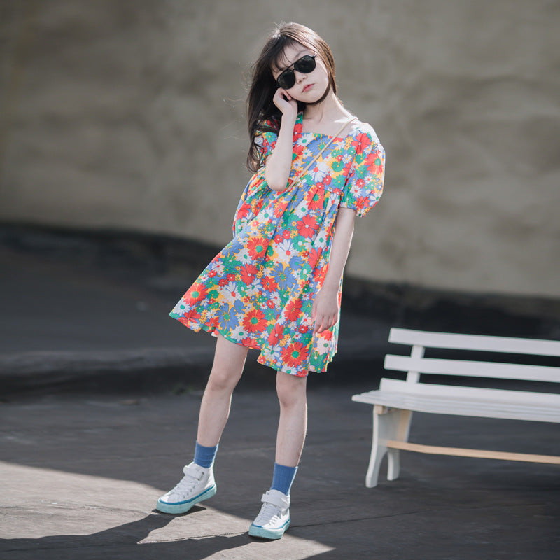 Summer Short Sleeve Printed Floral Skirt Medium Big Thin Wear Children's Dress
