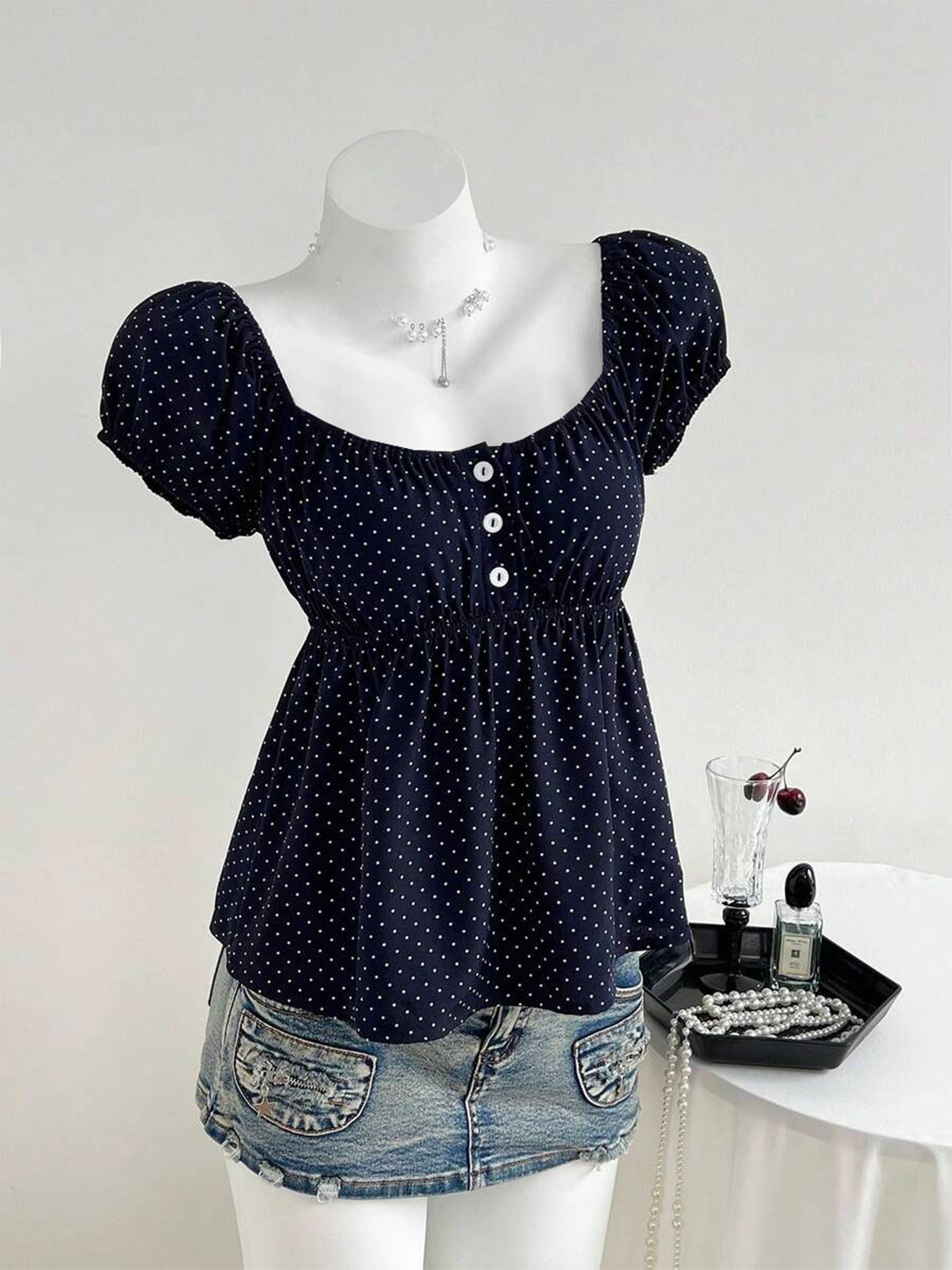 Women's Polka Dot Puff Sleeve French Cinched Lace Shirt, Chiffon Shirt