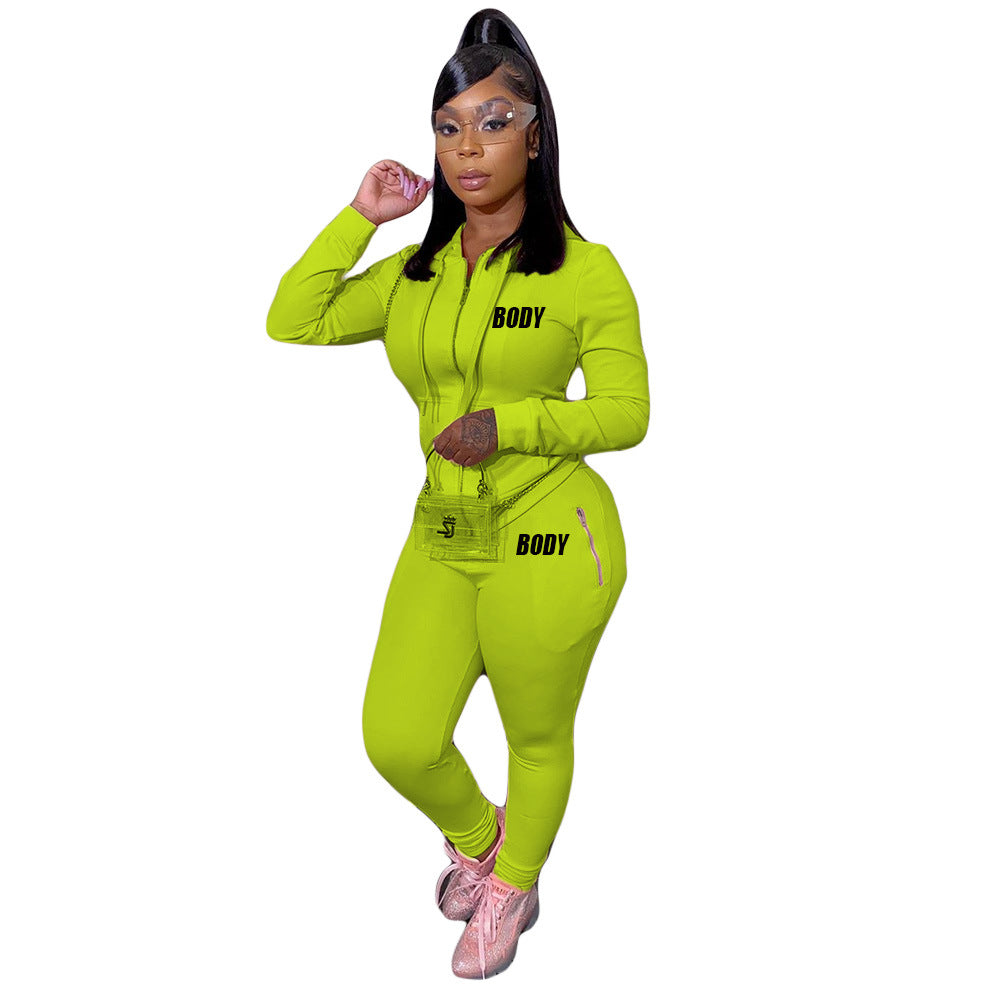 Women's Autumn Letters Printing Personality Zipper Two-piece Clothing