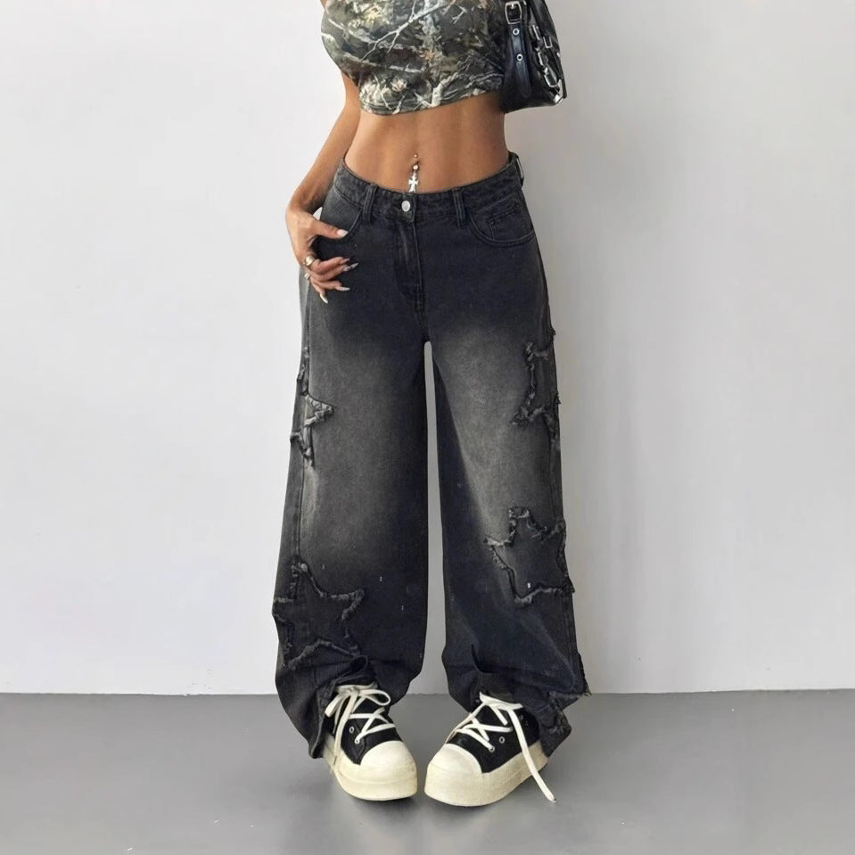 Women's High Street Fashion Fried Pentagram Embroidered Elastic Waist Loose Jeans