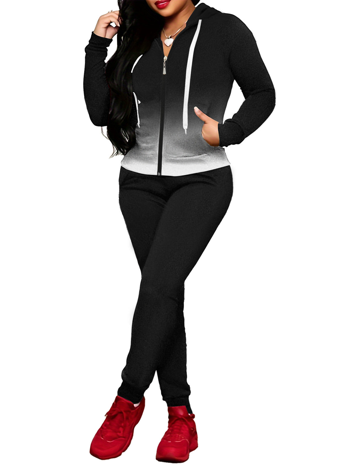 Women's Round Neck Zipper With Trousers Two-piece Set Suits