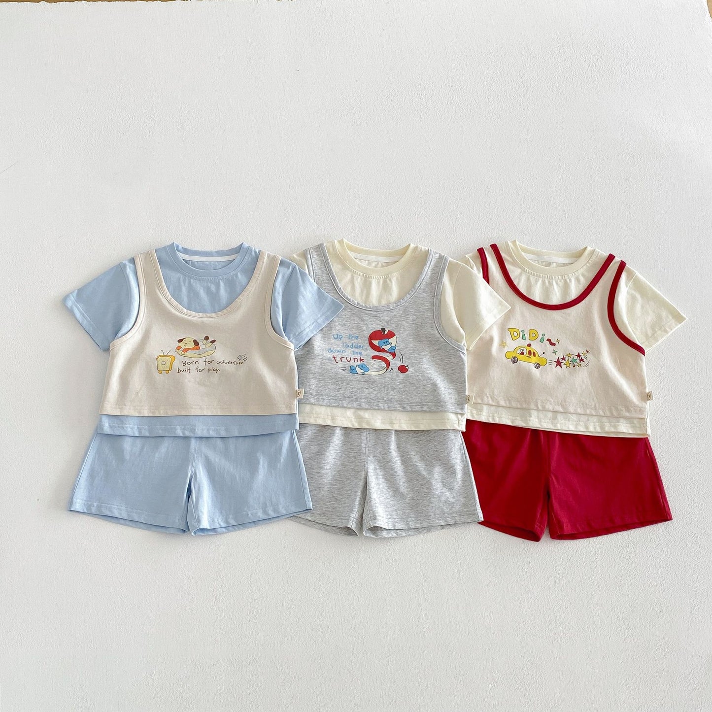 Children's Or Exchange Boy's Sportswear Summer Fake Two-piece Cartoon Printed T-shirt Children's Suit
