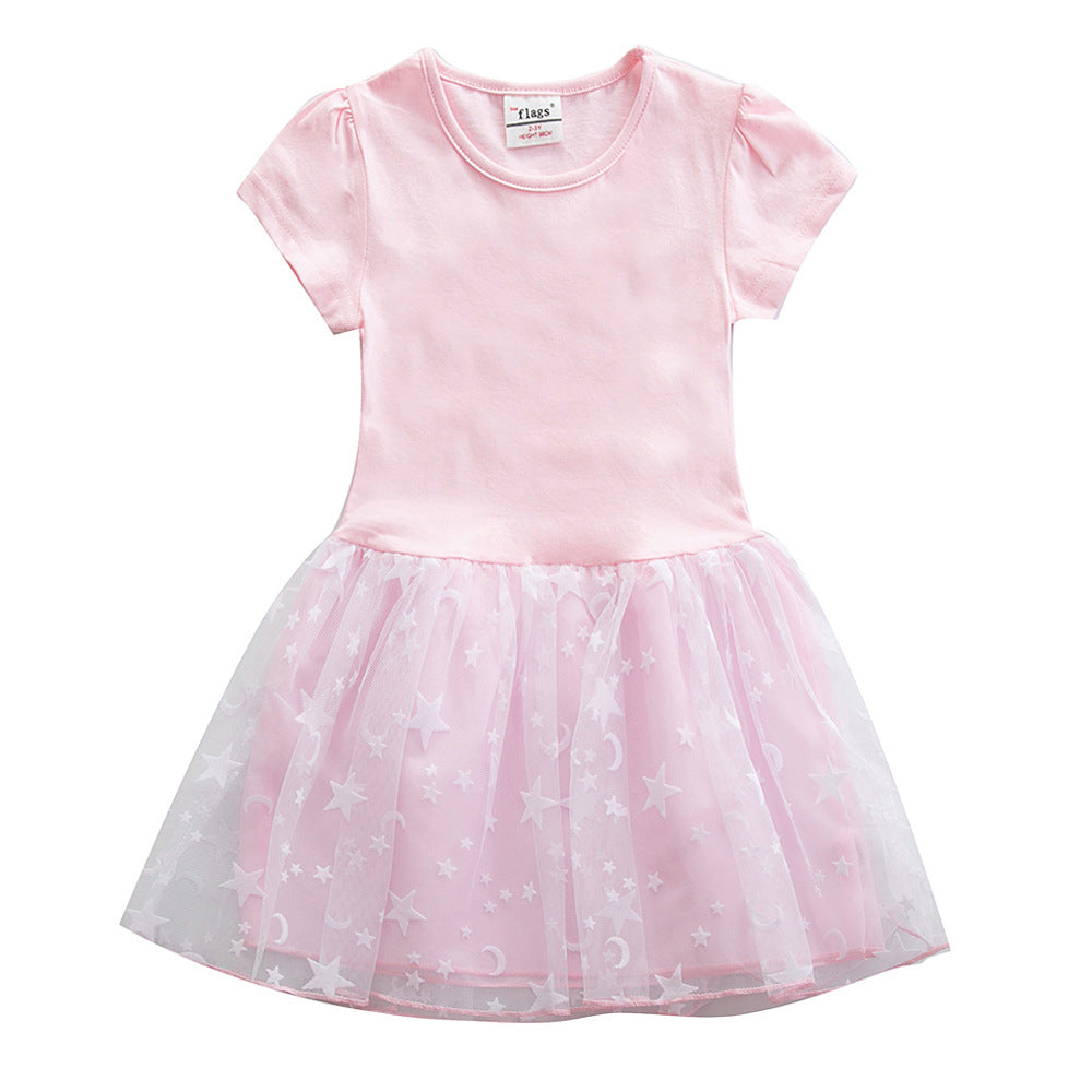 Children's Summer Short-sleeved Solid Color Tulle Little Children's Dress