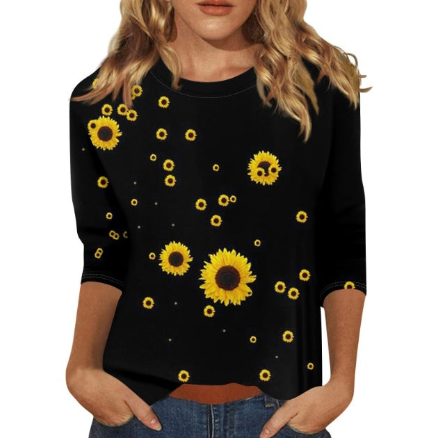 Women's Round Neck Sleeves Loose Print Women's T-shirt