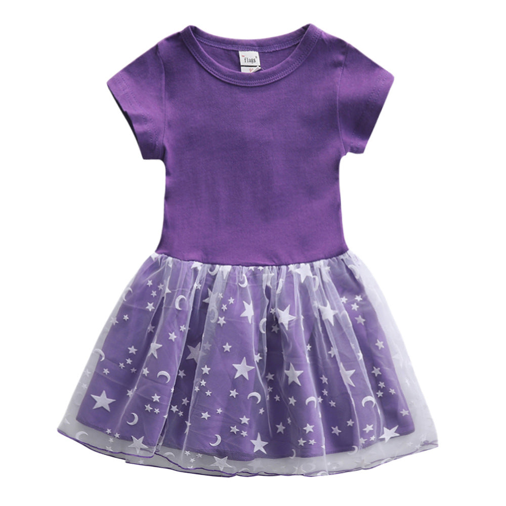 Children's Summer Short-sleeved Solid Color Tulle Little Children's Dress