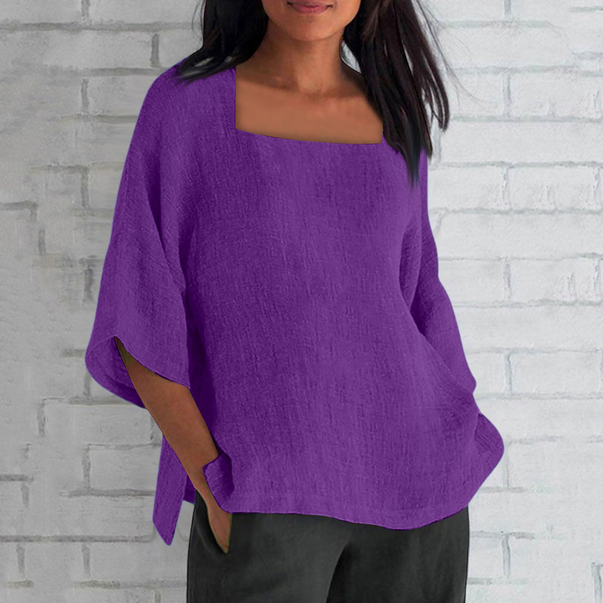 Women's Three-quarter Sleeve Square Collar Cotton Linen Blouse