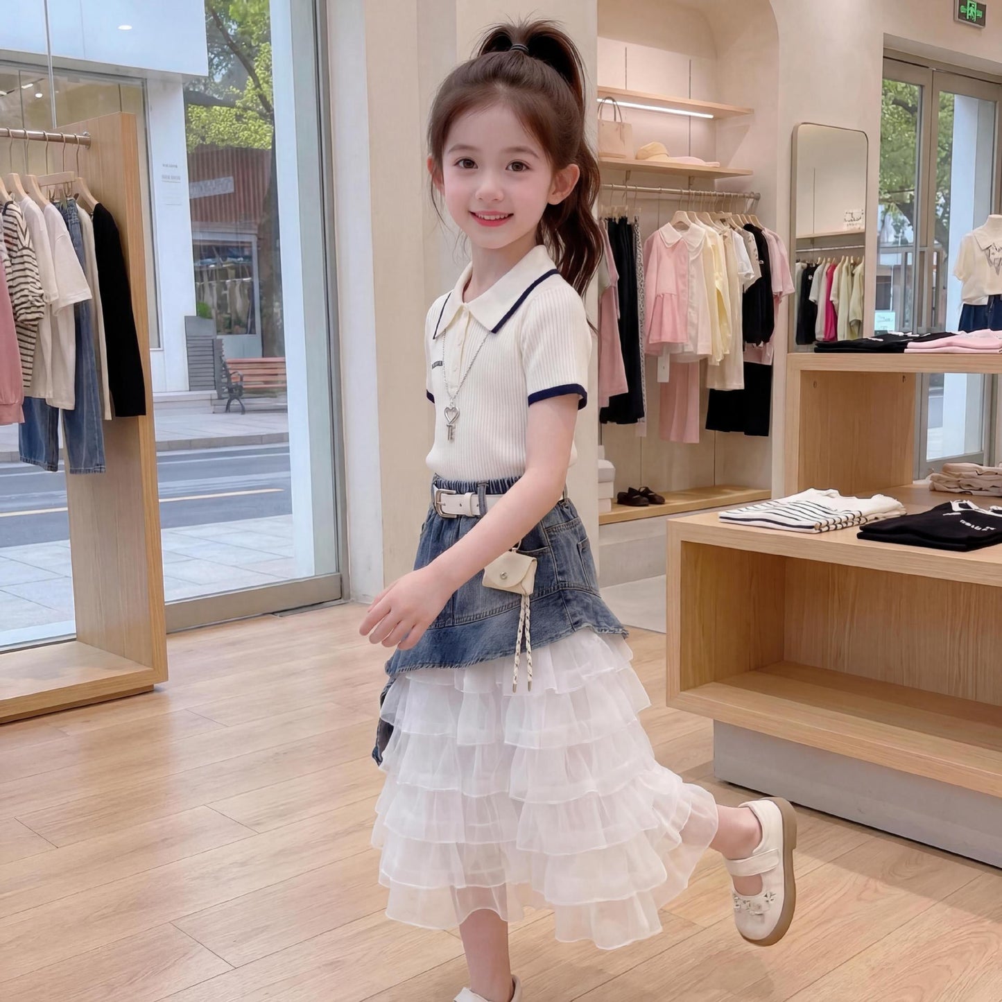 Sleeve Oblique Denim Skirt Two-piece Fashion Children's Suit