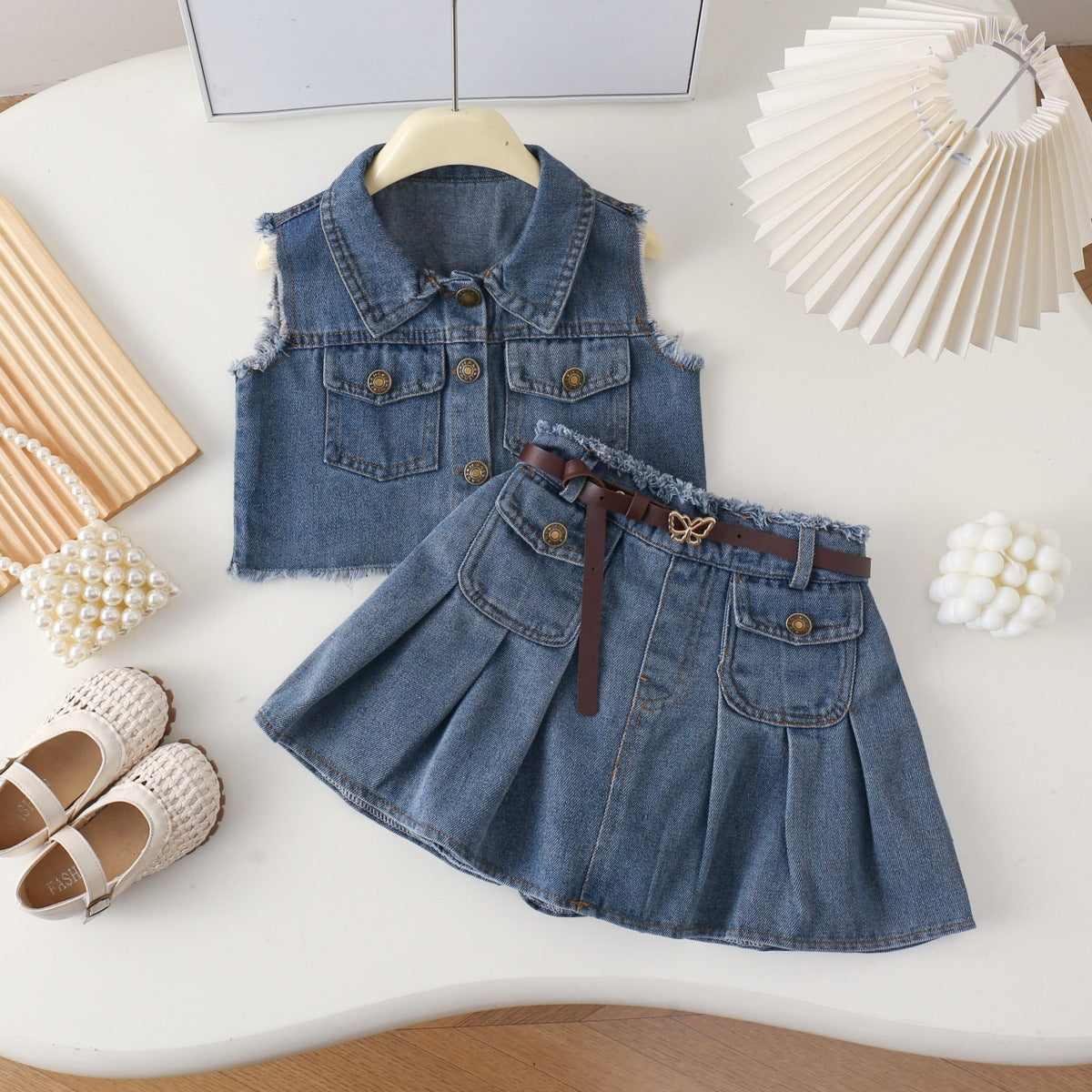 Denim Vest Plus Skirt Two-piece Cute Children's Suit