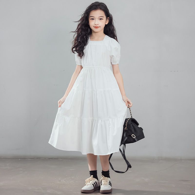 Children's Summer Solid Color Korean Style Fashionable Princess Medium Big Square Children's Dress