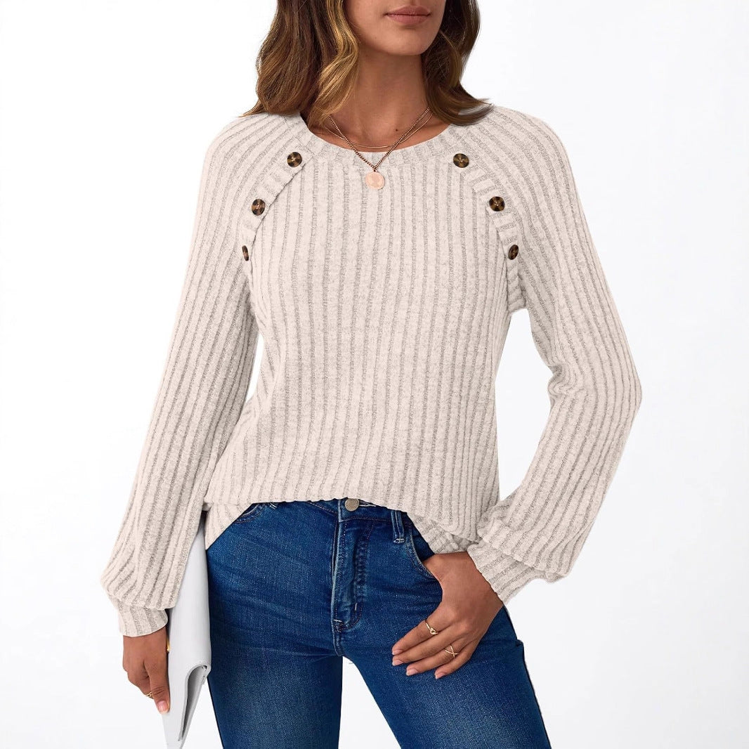 Women's Stripe Fashion Knit Long Sleeve Button Women's T-shirt