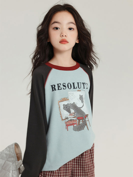 Children's Pudding Long-sleeved Cartoon Printed Raglan Sleeve Children's T-shirt