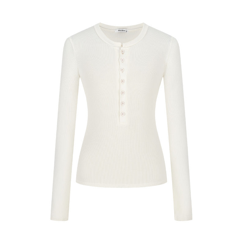Women's Henley Collar Long-sleeved Design Single-breasted Slim Fit Tops
