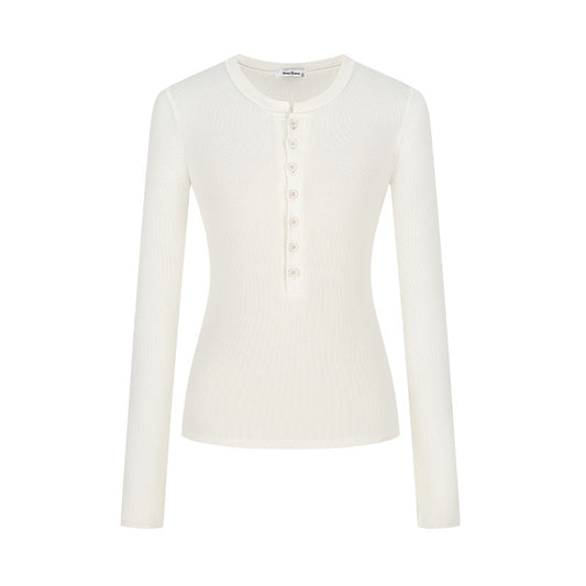 Women's Henley Collar Long-sleeved Design Single-breasted Slim Fit Tops