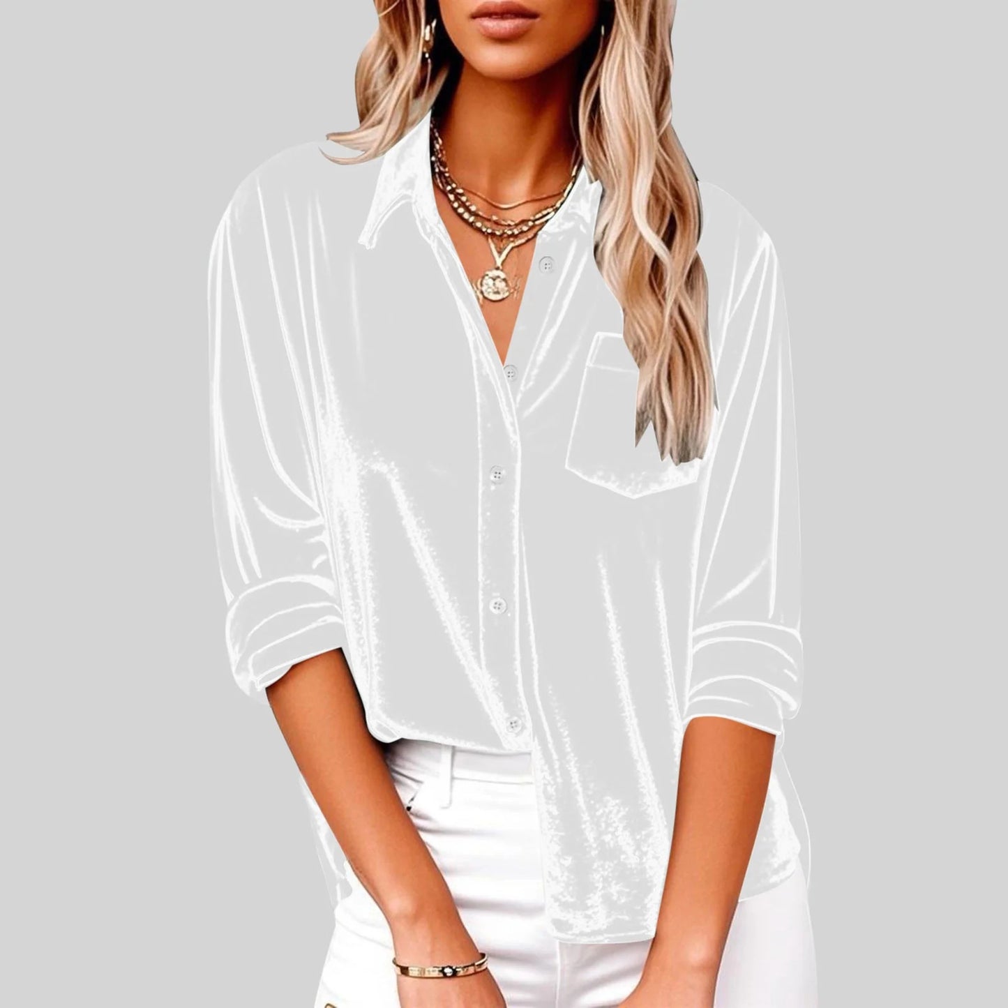 Women's Fashion Casual Long Sleeve Lapel Gold Veet Loose With Blouse
