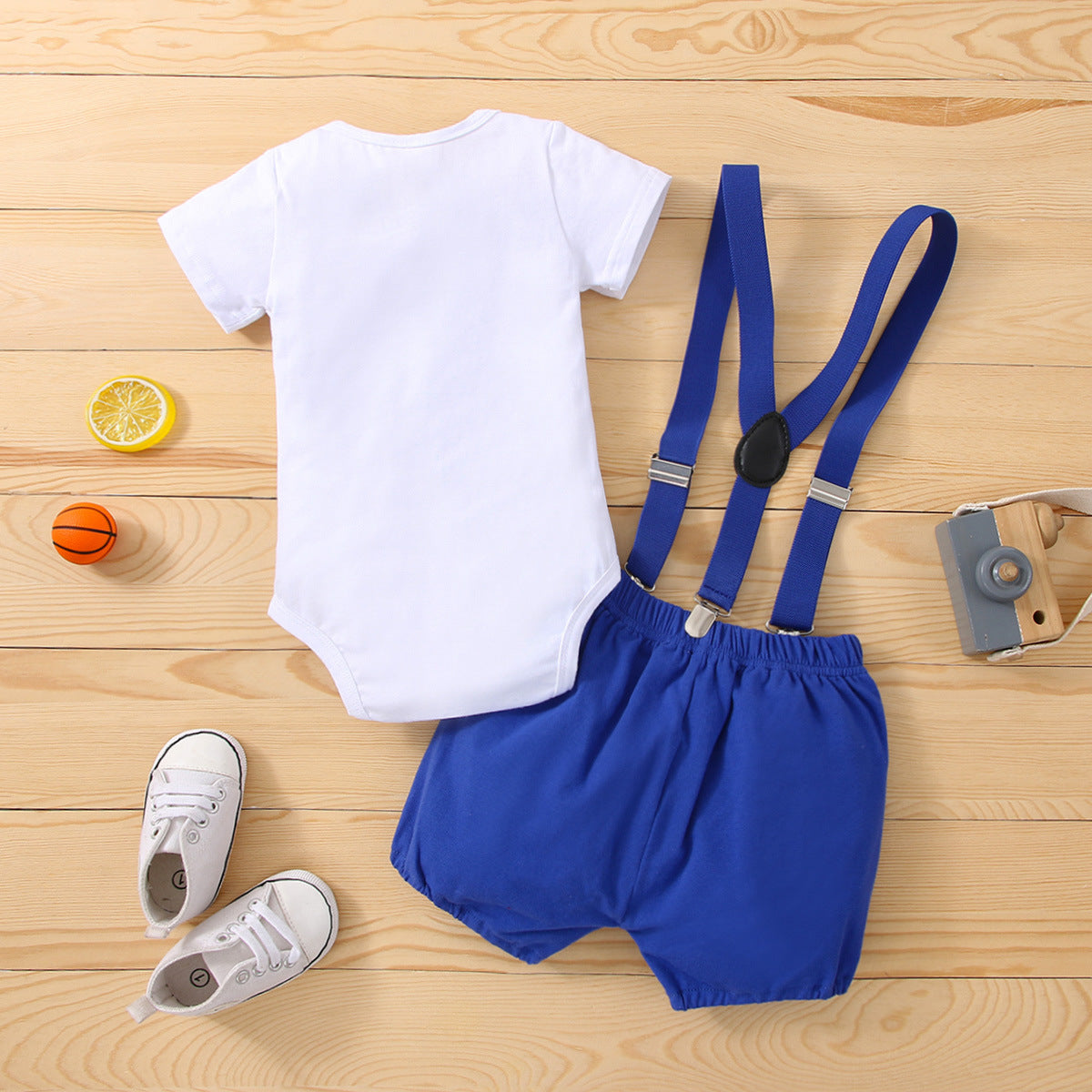 Boys Carrier Strap Short-sleeved Birthday Clothes Bow Print Romper Two-piece Jumpsuit, Climbing Suit