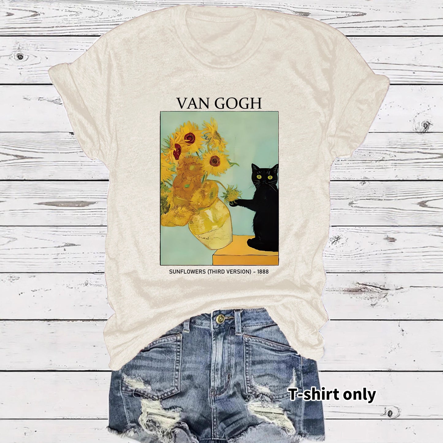 Women's Van Gogh Sunflower Cat Art Print Loose Casual Round Neck Women's T-shirt