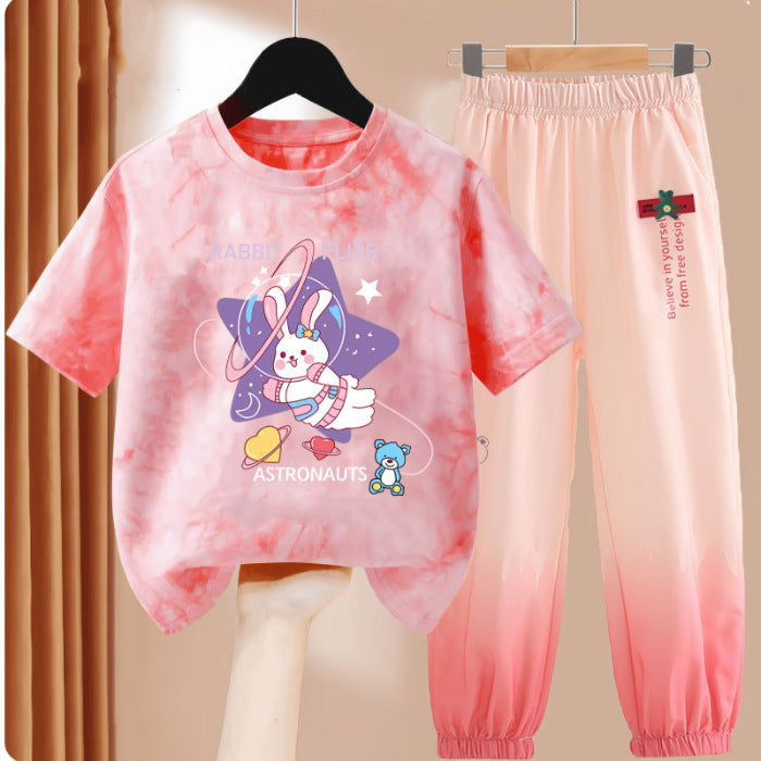 Clothes T-shirt Medium Large Short Sleeved Ice Silk Trousers Two-piece Children's Suit