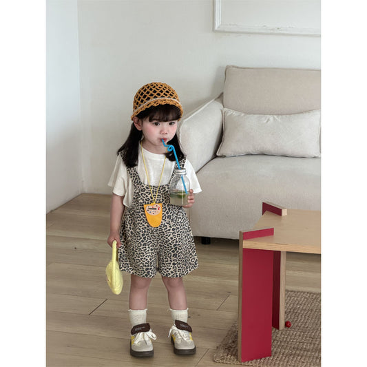 Children's Summer Soft Leopard Print Suspender Pants White T-shirt Children's Suit