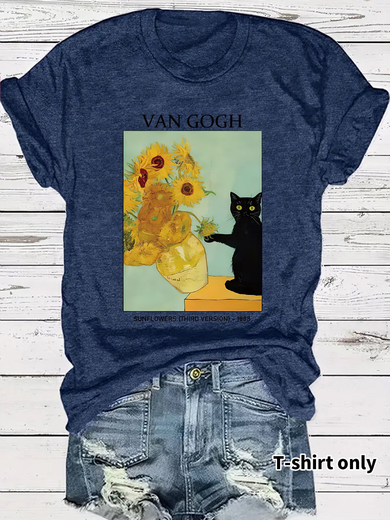Women's Van Gogh Sunflower Cat Art Print Loose Casual Round Neck Women's T-shirt