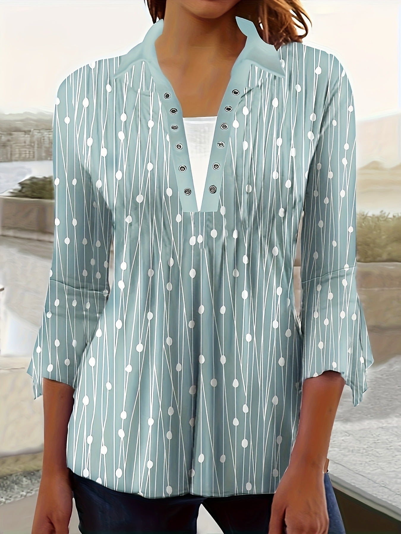 Autumn Print Polo Collar Irregular Sleeve Women's T-shirt