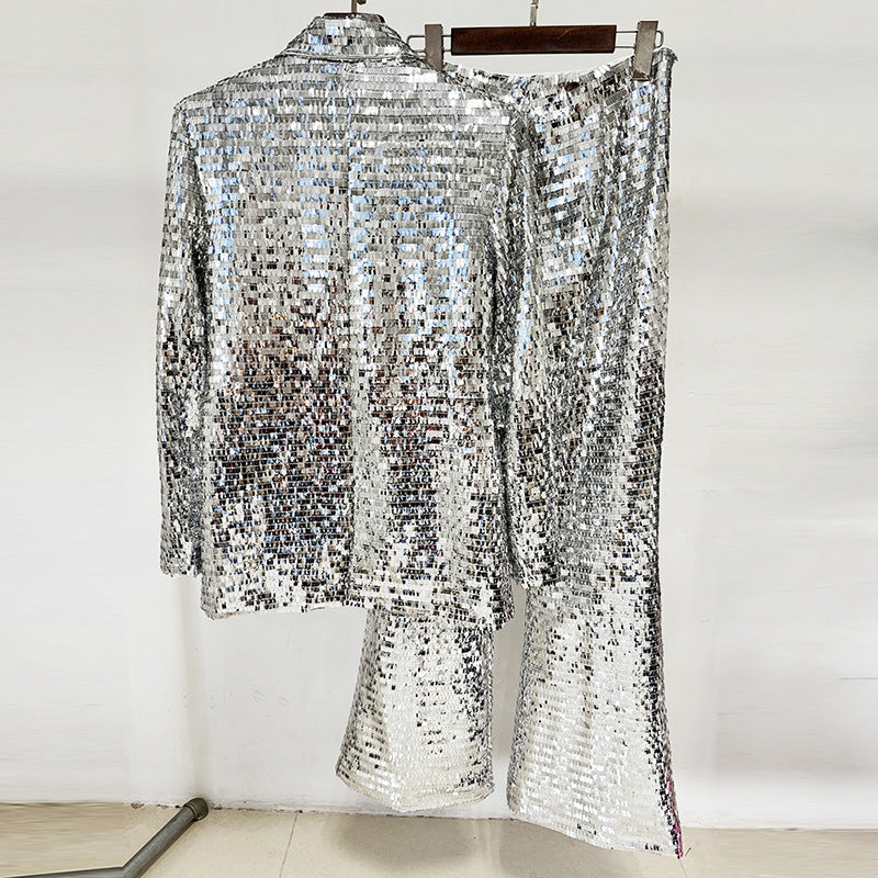One Button Mesh Sequins Two-piece Set Fashion Casual Suit