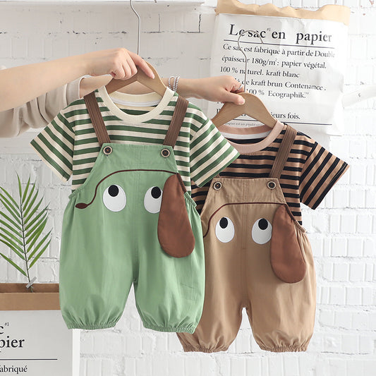 Set Korean Cartoon Striped Overall Short-sleeved Shorts Children's Suit