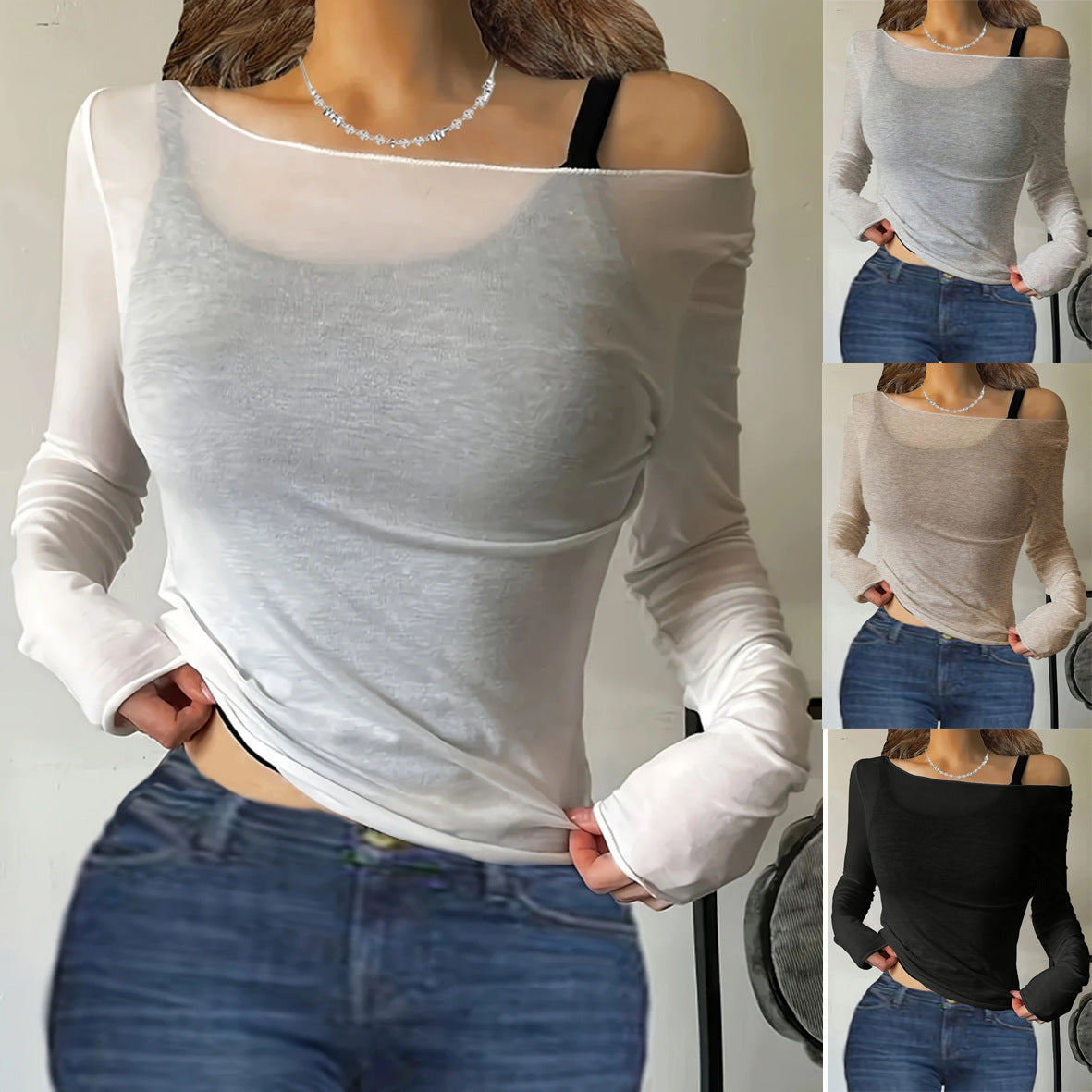 Slant Shoulder Versatile Casual Long Sleeve Sexy Cold-shoulder Blouses