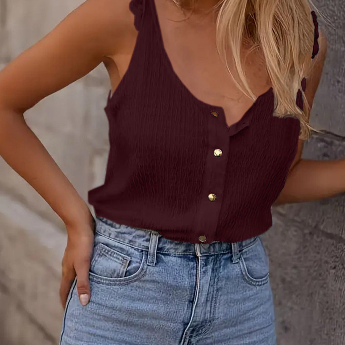 Women's Summer Knitted Solid Color Round Neck Ruffled Sleeveless Small Vest/suspenders/tube Top