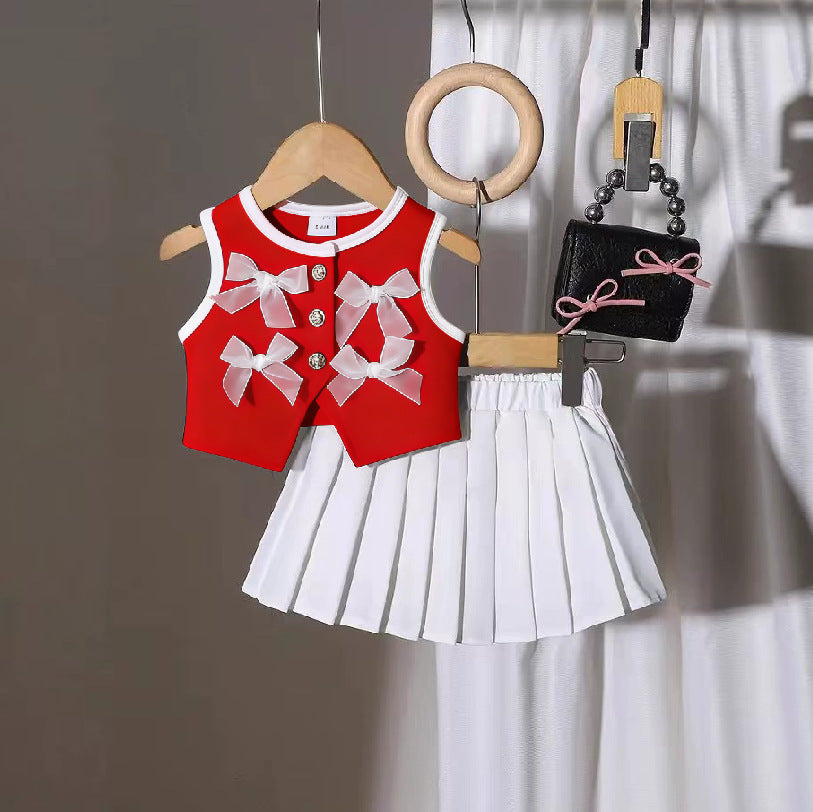 Comfortable Fashion Bow Vest Pleated Skirt Children's Suit