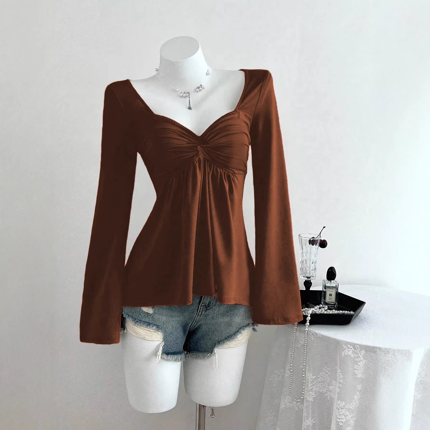 Women's Collar Long Sleeve Elegant Casual Solid Color Women's T-shirt