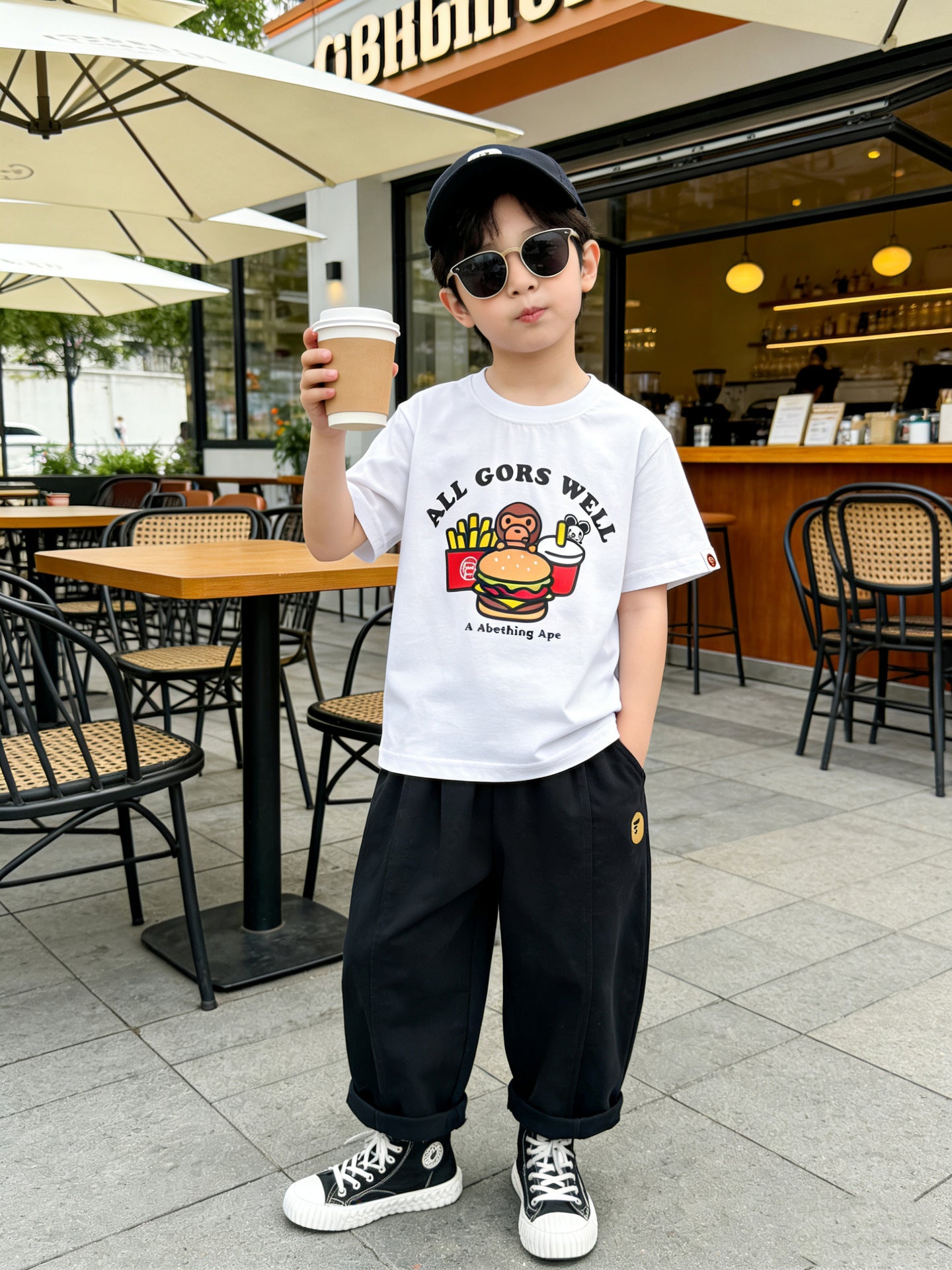 Children's Summer Solid Color Cartoon Printing Sports Casual Fashion Fashionable Children's T-shirt