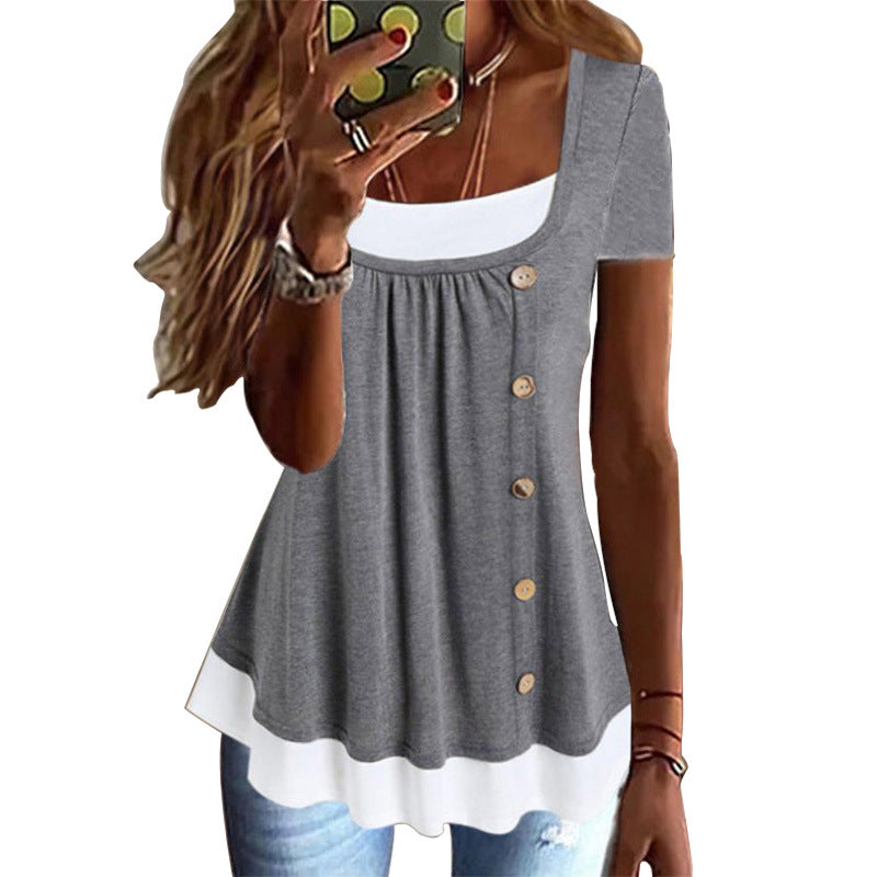 Women's Summer Round Neck Loose Pleated Button Two-piece Women's T-shirt
