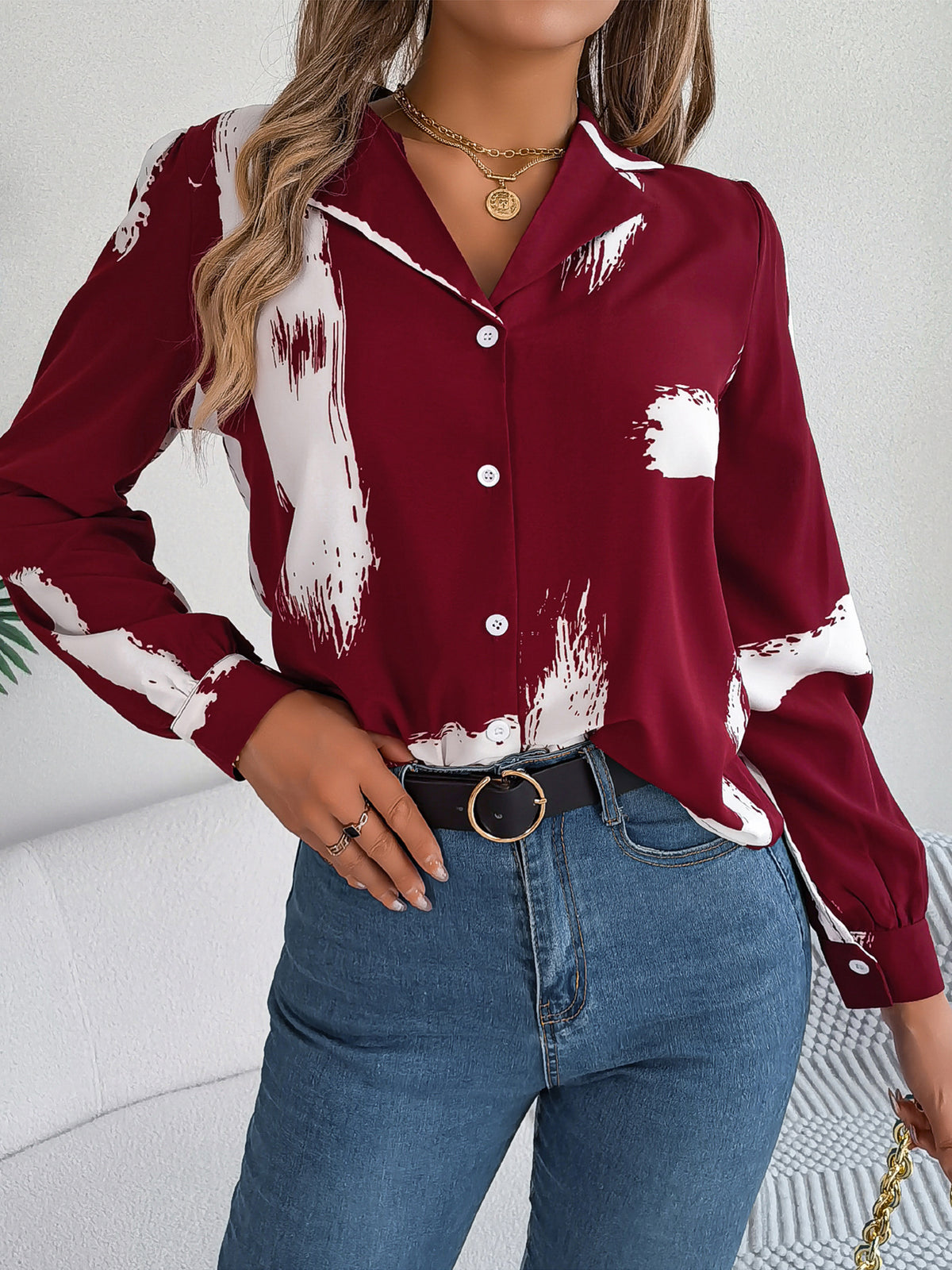 Women's Elegant Contrast Color Striped Collar Long Lace Shirt, Chiffon Shirt