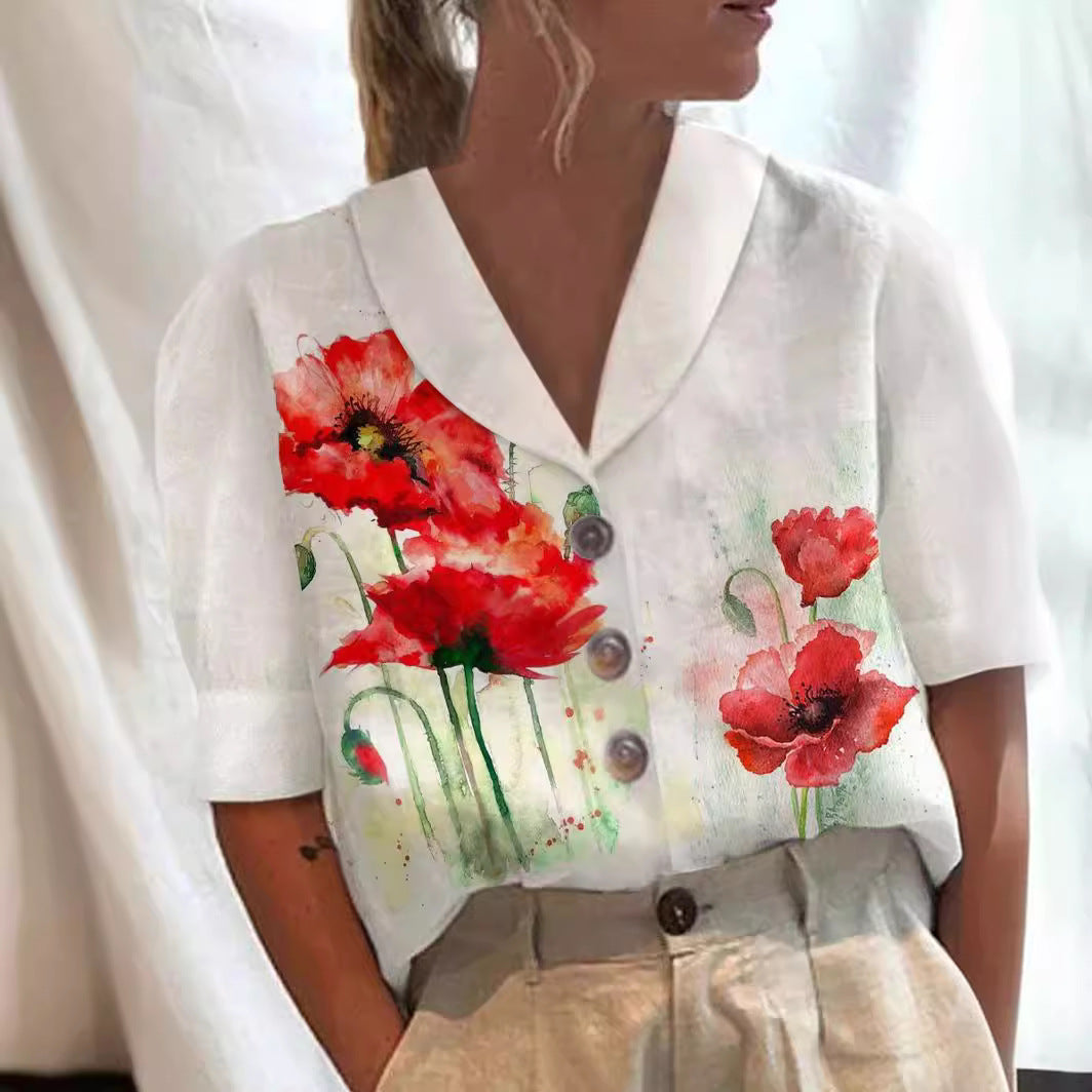 Women's Collar Button Casual Long Half Sleeve Cotton Blouse