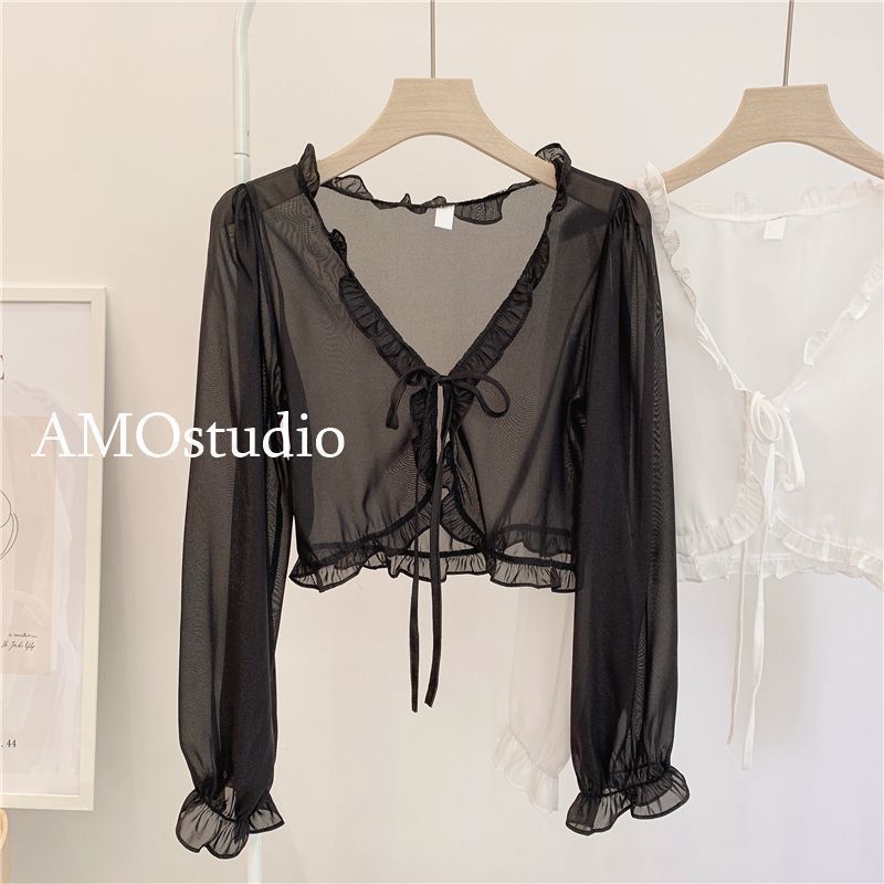 Women's Sun Protection Thin Korean Floral Small Sling Lace Shirt, Chiffon Shirt