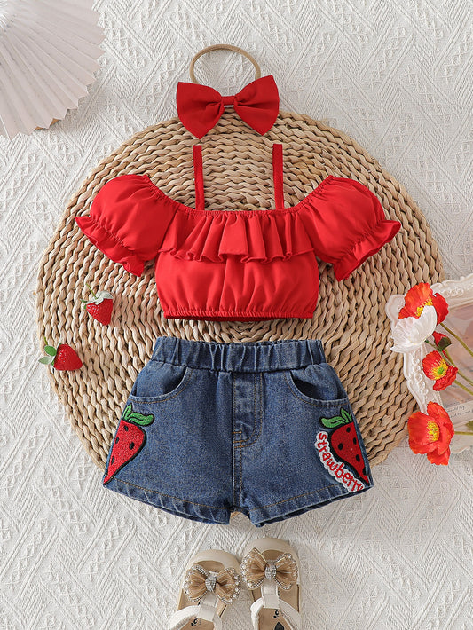 Leaf Sling Top Strawberry Embroidered Short Denim With Children's Suit