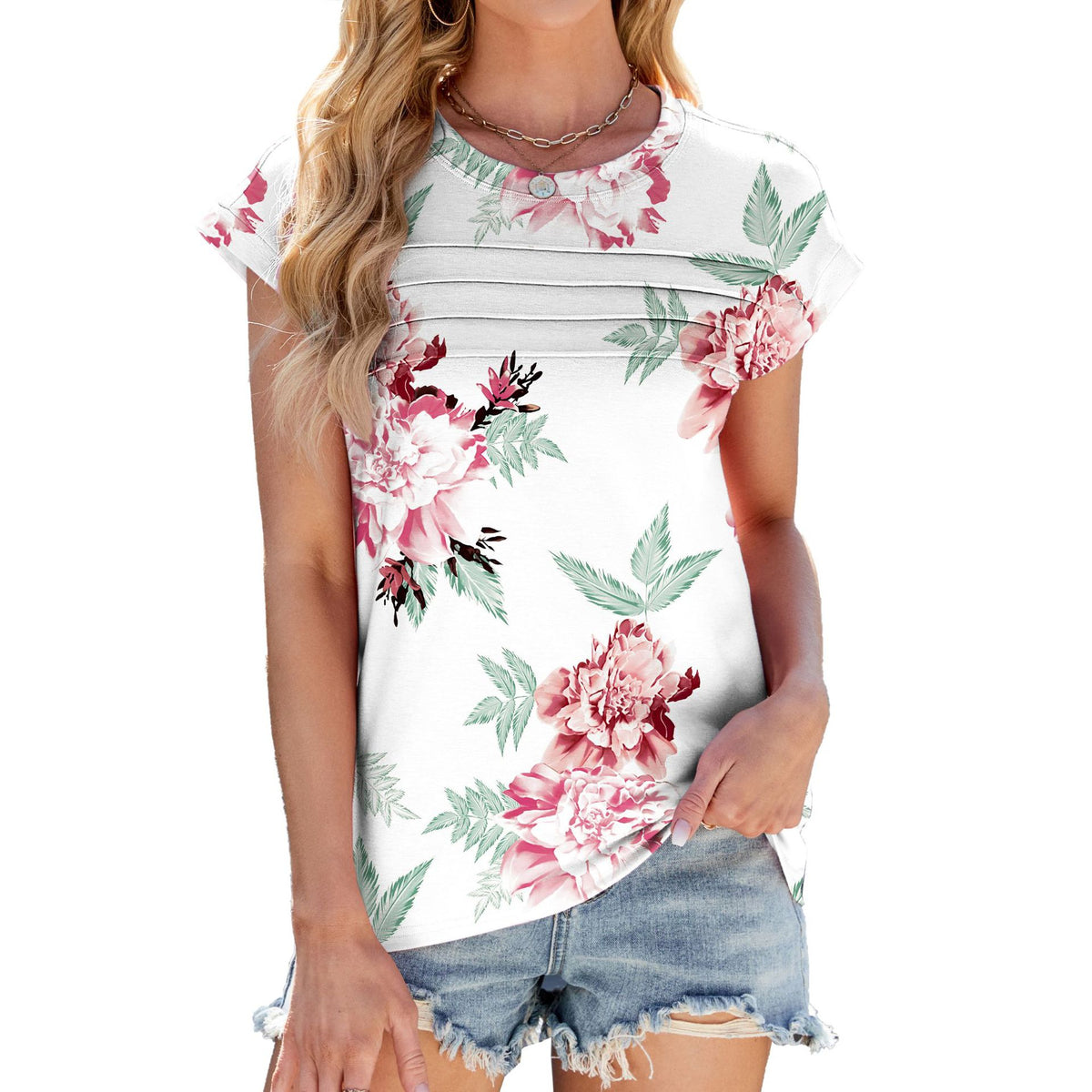 Women's Printed Stripes Round Neck Loose Sleeves Shorts
