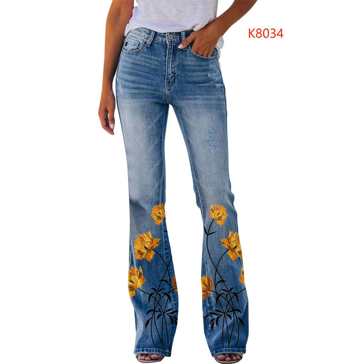Women's Large Casual Imitation Denim Bell-bottom Floral Pants