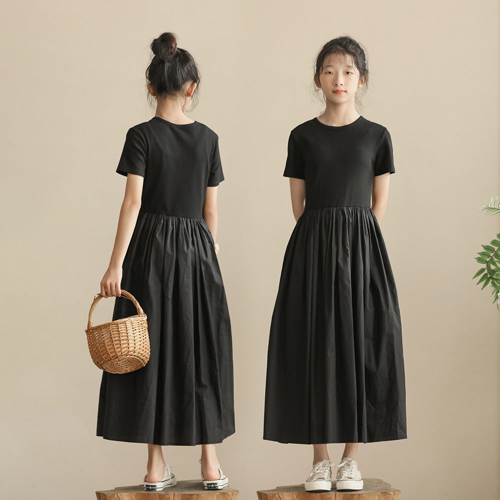 Little Black Medium Large Long Waist Trimming Short-sleeved Temperament Shirt Children's Dress