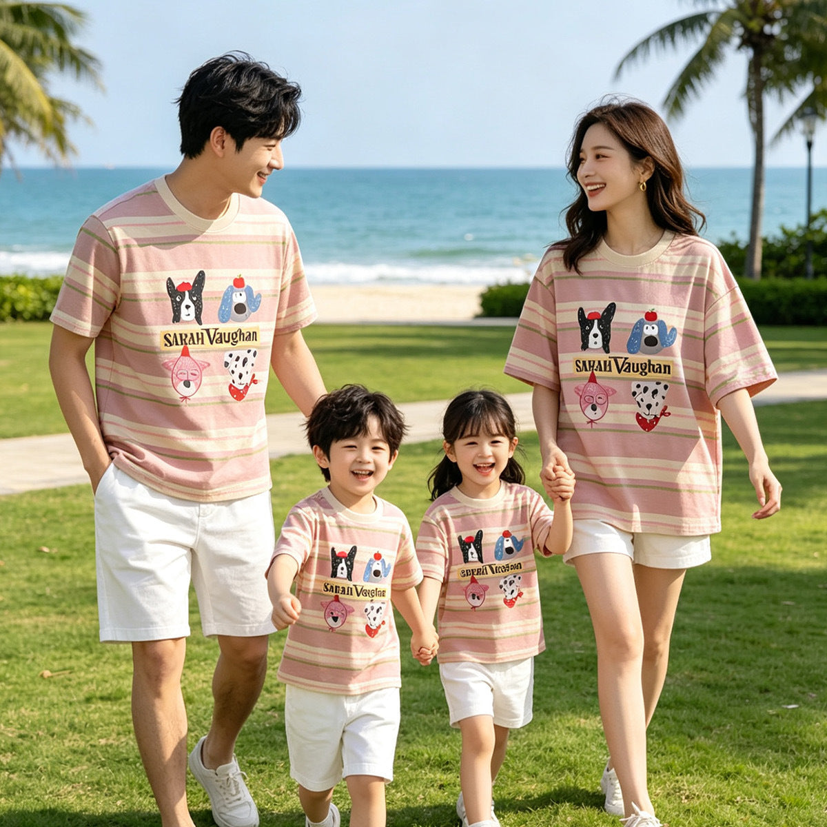 Cartoon Puppy Short Sleeve Family Four Seaside Vacation Loose Western Parent-child Outfit