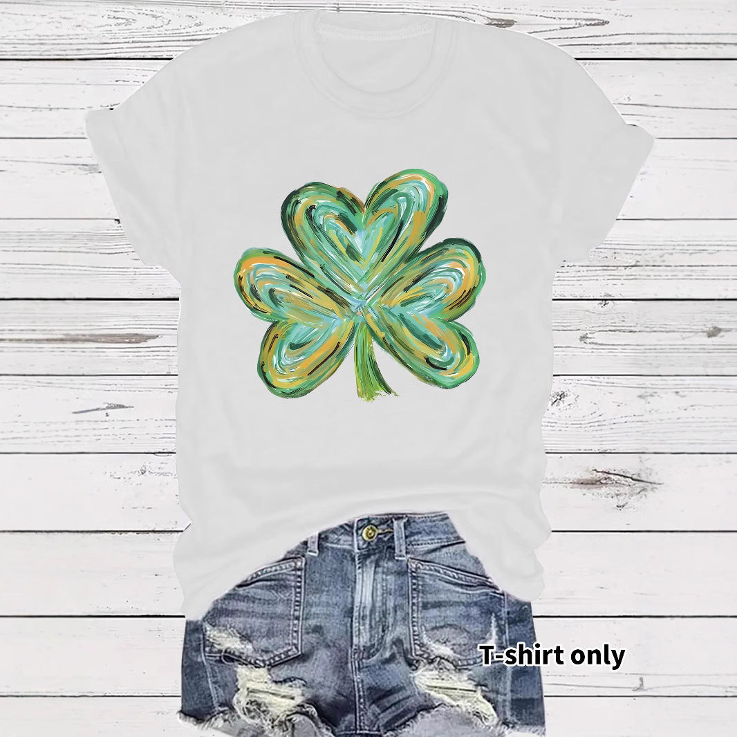 Women's Summer Green Clover Print Round Neck Clothing