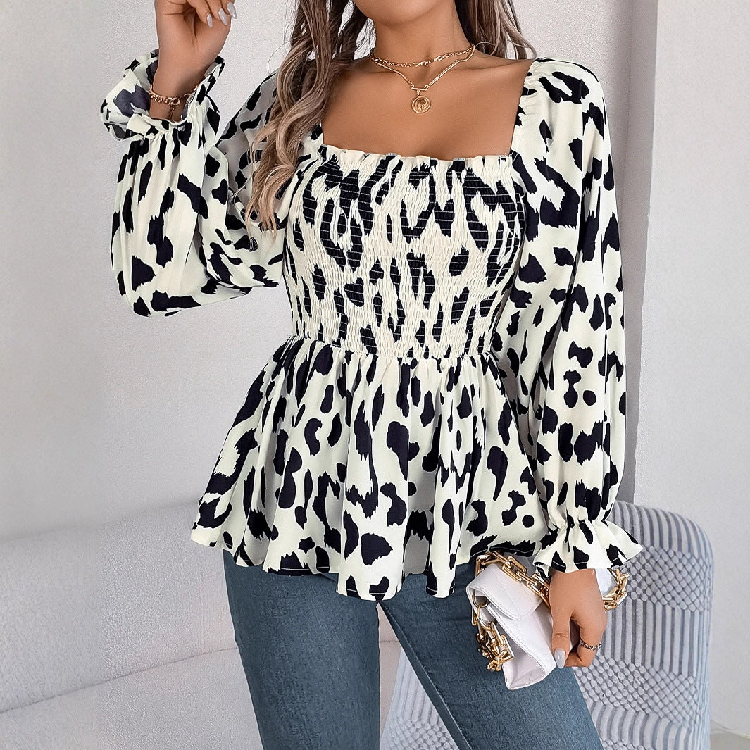 Women's Ear Square Collar Leopard Print Long Clothing