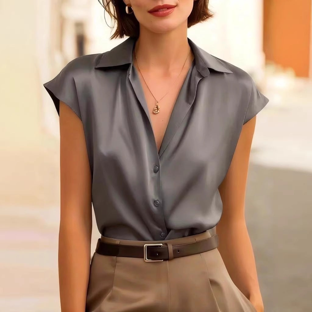 Women's Silk Satin Shirt Sleeve Collar Elegant Blouse
