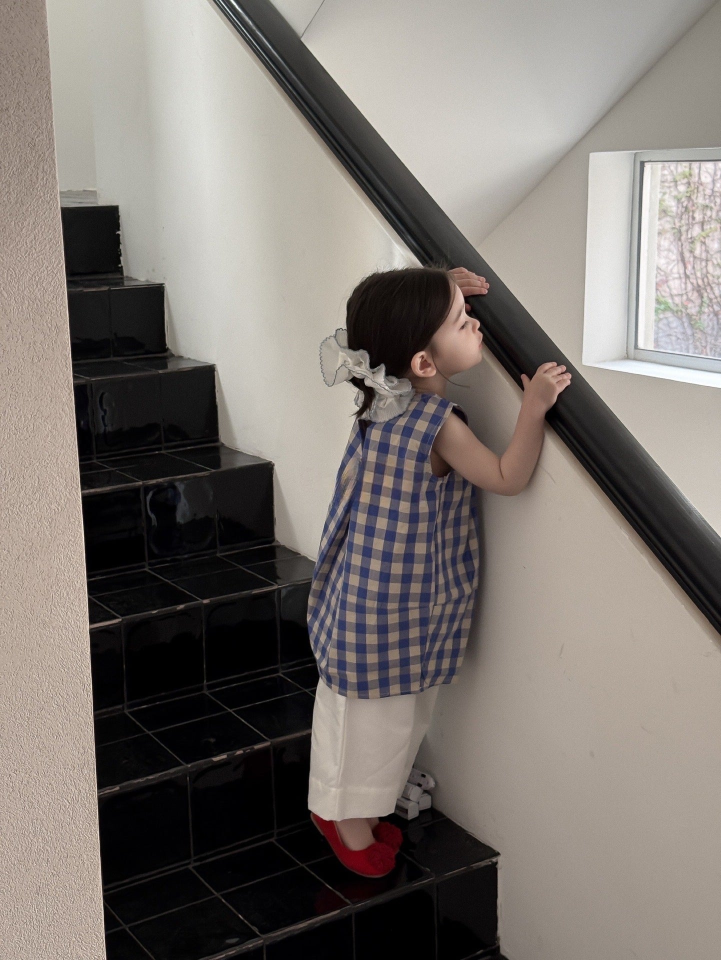 Blue Plaid White Wide Summer Korean Children's Dress
