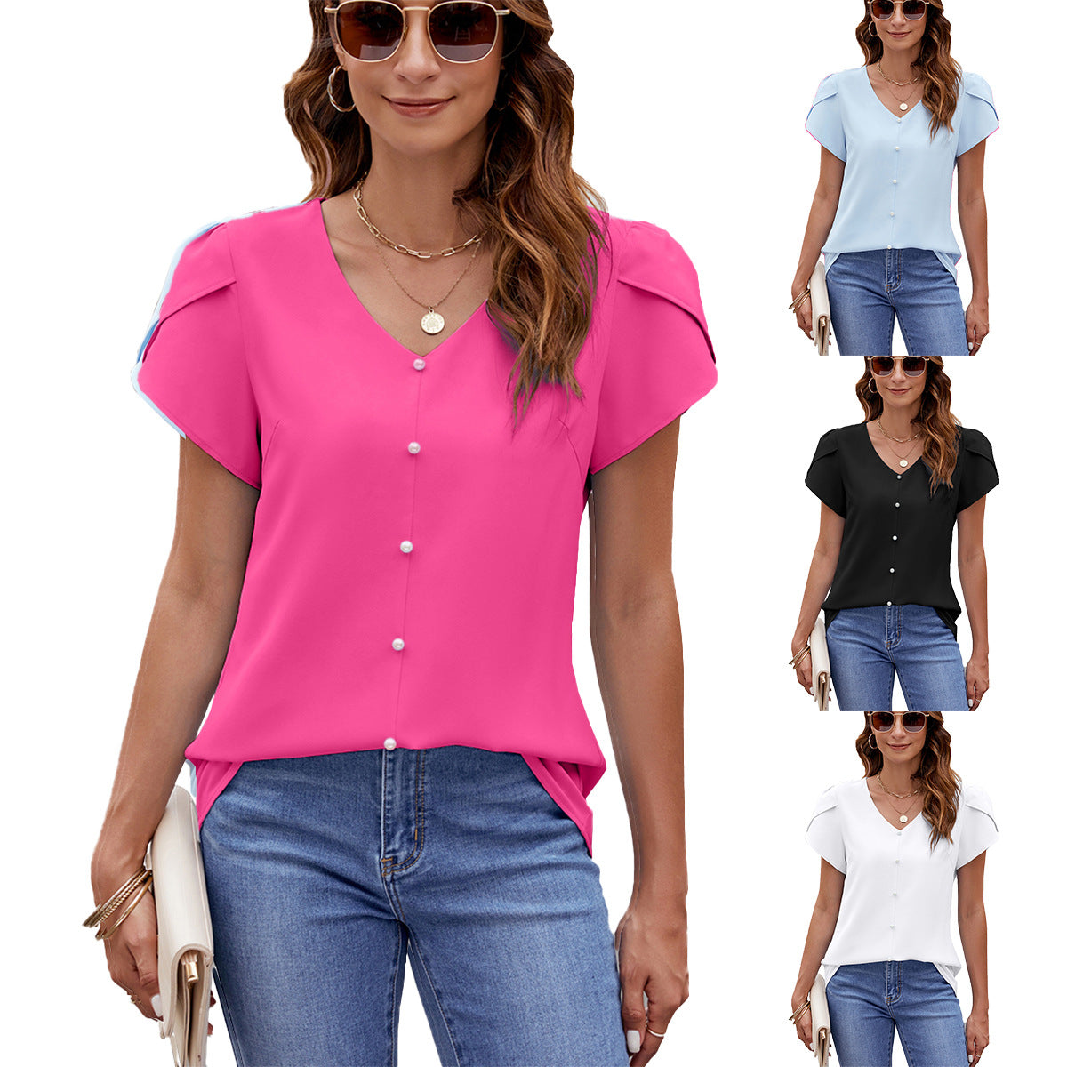 Glamorous Solid Color Sleeve Loose Pearl Tops