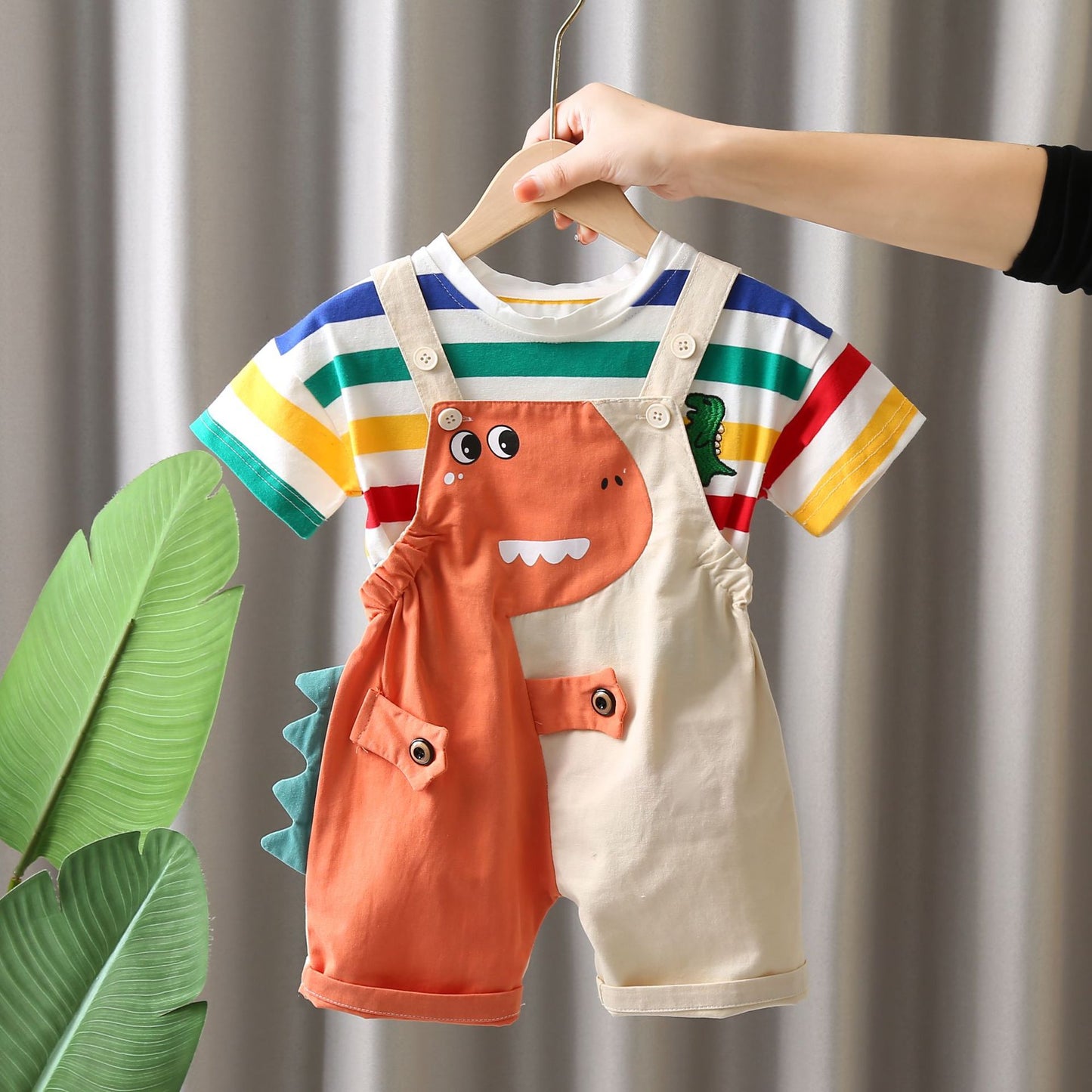 Children's Summer Striped Dinosaur Strap Short Sleeve Boy's Children's Suit