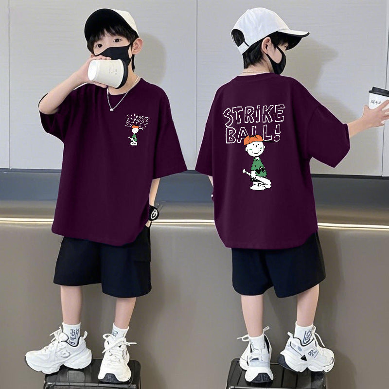 Pure Cotton Short Sleeve Pants Summer Loose Medium Big Half Children's Suit